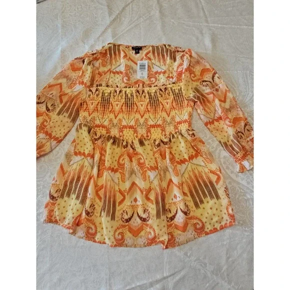Torrid Top 00 M/L Ikat Babydoll Smocked Boho Ruffle Western Patchwork Earthy - Picture 16 of 16